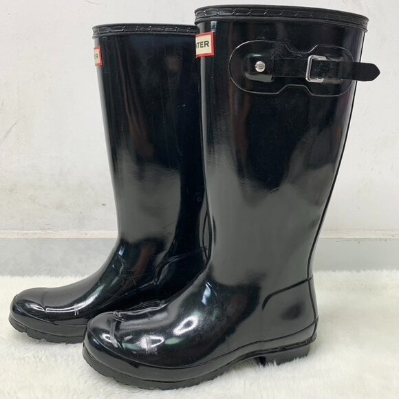 Hunter Kids Girl Boy Black Reflective Glossy Rubber Tall Rain Boots Size 5B / 6G - Picture 1 of 16